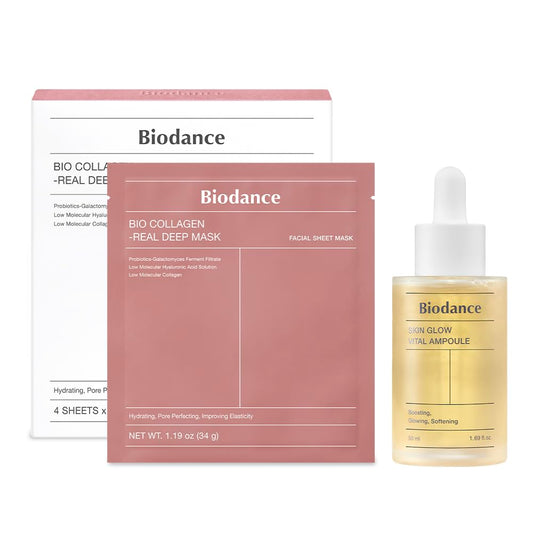 BIODANCE Radiance Duo: Bio-Collagen Real Deep Mask & Skin Glow Vital Ampoule Sejas kopšanas komplekts